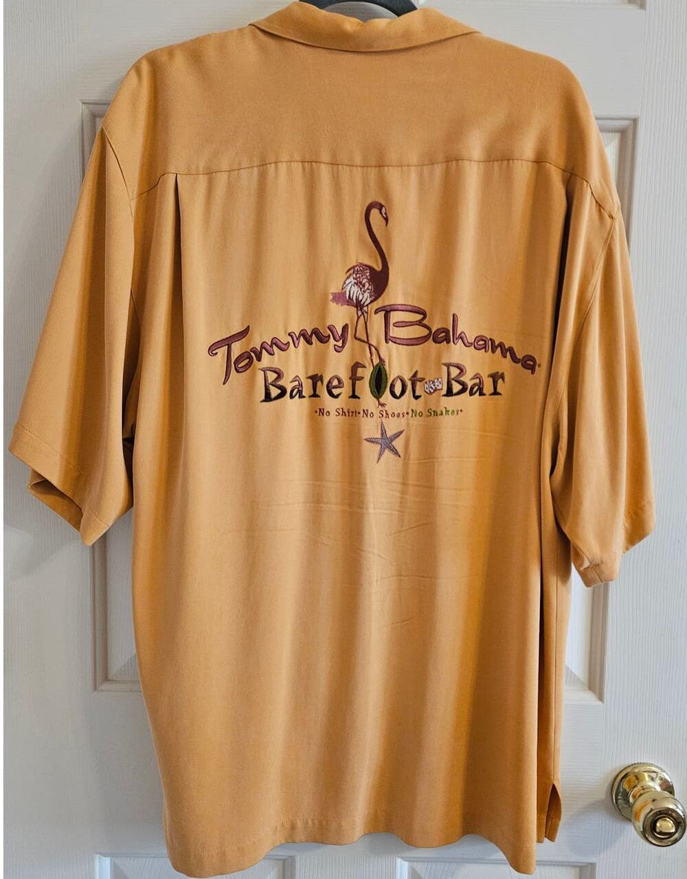 Tommy Bahama 100% Silk SS Mens Button Down Embroidered Barefoot Bar Large Orange